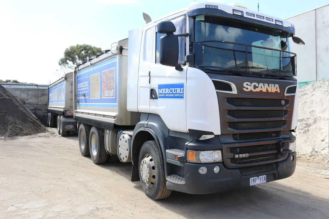 Mercuri Garden & Building Supplies tipper truck loaded ready for delivery in the Bundoora yard