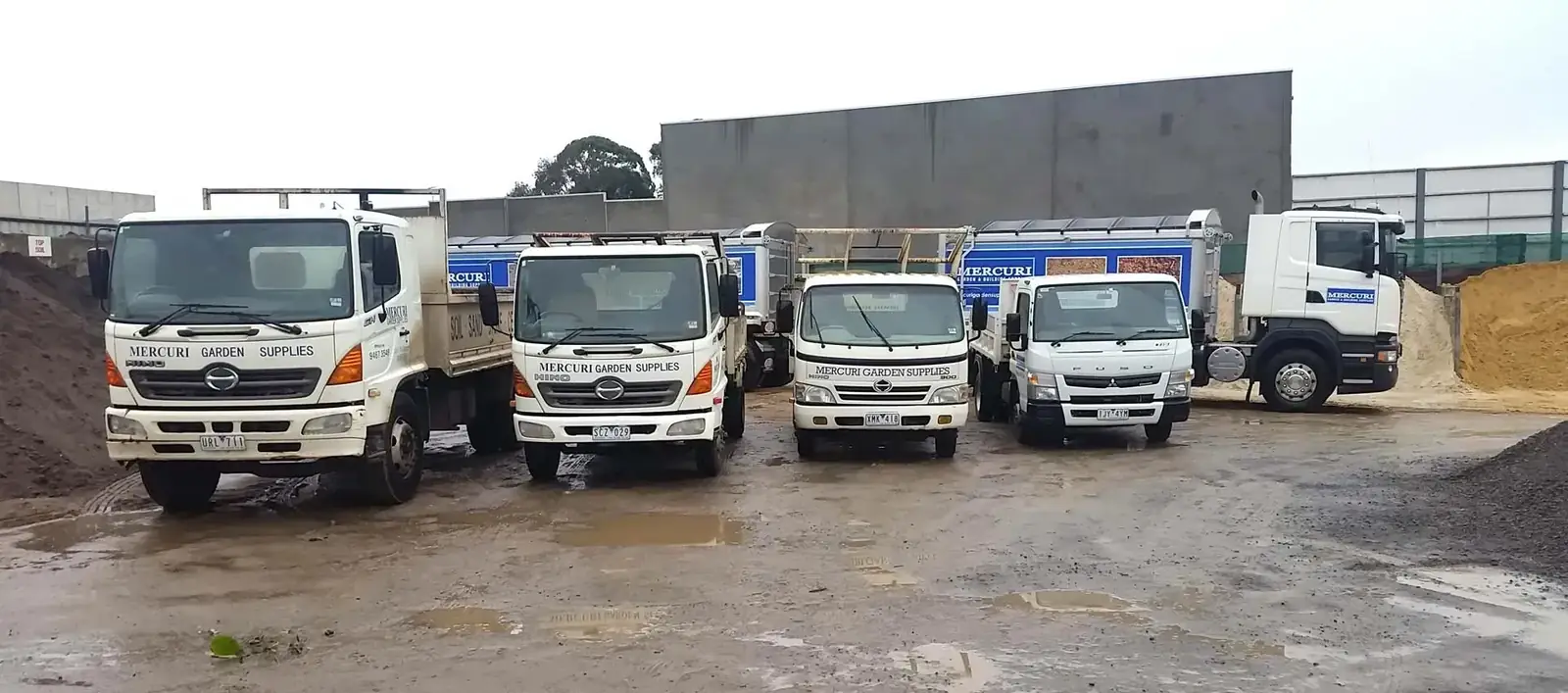 Mercuri Garden & Building Supplies delivery trucks lined up in the Bundoora yard
